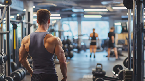 Back view of a macho white man training at the gym. Copy space.