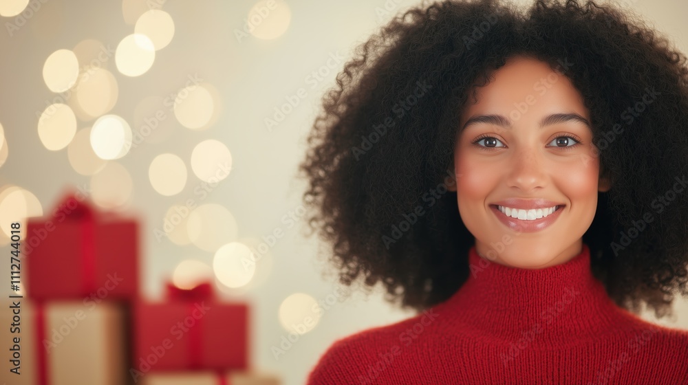 Woman Smiling with Gift Boxes and Holiday Lights Background, Celebrating Joyful Moments at Christmas Dinner, Wearing Red Sweater, Perfect for Festive Seasonal Portraits, Happiness, and Warmth Woman Smiling with Gift Boxes and Holiday Lights Background, Celebrating Joyful Moments at Christmas Dinner, Wearing Red Sweater, Perfect for Festive Seasonal Portraits, Happiness, and Warmth