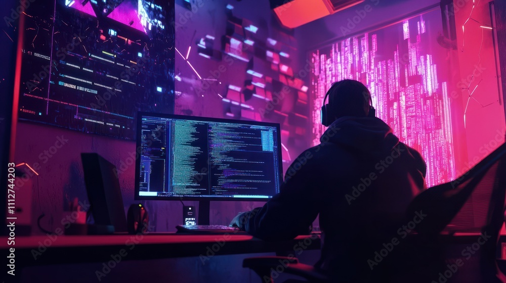 Cybersecurity concept iot attacks on foreground screen, hacker silhouette hidden with low poly style mask. Vulnerability and attack on colored code editor. Text in English, English text Cybersecurity concept iot attacks on foreground screen, hacker silhouette hidden with low poly style mask. Vulnerability and attack on colored code editor. Text in English, English text