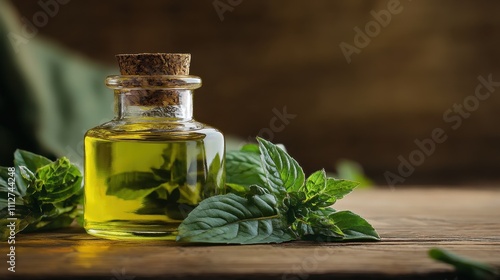 Herbal oil in glass bottle with fresh mint leaves on rustic wooden table.