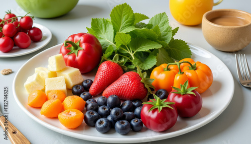 Exquisite display of colorful fruits and vegetables arranged artfully on a white plate in a vibrant kitchen setting