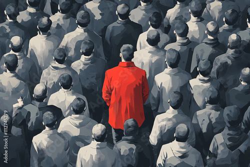 Artistic Depiction of a Crowd in Muted Tones Featuring a Single Individual in Vivid Red, Highlighting Themes of Individuality and Social Identity photo