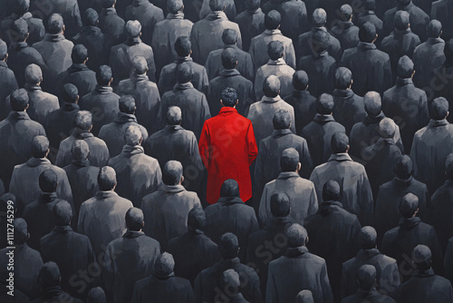 Artistic Depiction of a Crowd in Muted Tones Featuring a Single Individual in Vivid Red, Highlighting Themes of Individuality and Social Identity photo