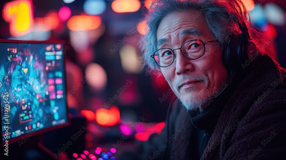 An Elderly man streaming a live gaming session his glowing charisma captivating his virtual audience An Elderly man streaming a live gaming session his glowing charisma captivating his virtual audience