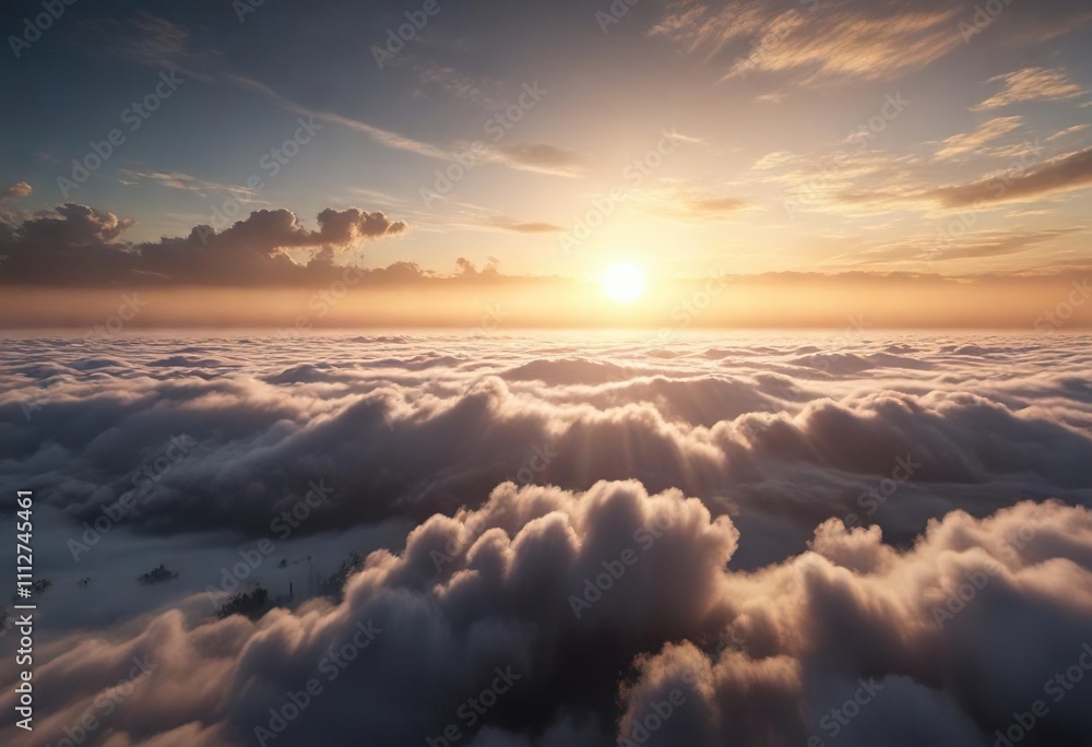Distant sun rises above a layer of dense foggy clouds, ambient light , calm morning Distant sun rises above a layer of dense foggy clouds, ambient light , calm morning