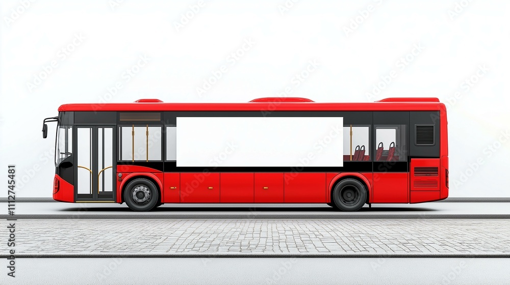 Sleek red city bus with empty advertisement space, ready for branding on a minimalist urban backdrop. Sleek red city bus with empty advertisement space, ready for branding on a minimalist urban backdrop.