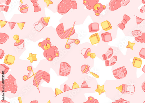 Baby shower pattern. New born baby girl Happy Birthday