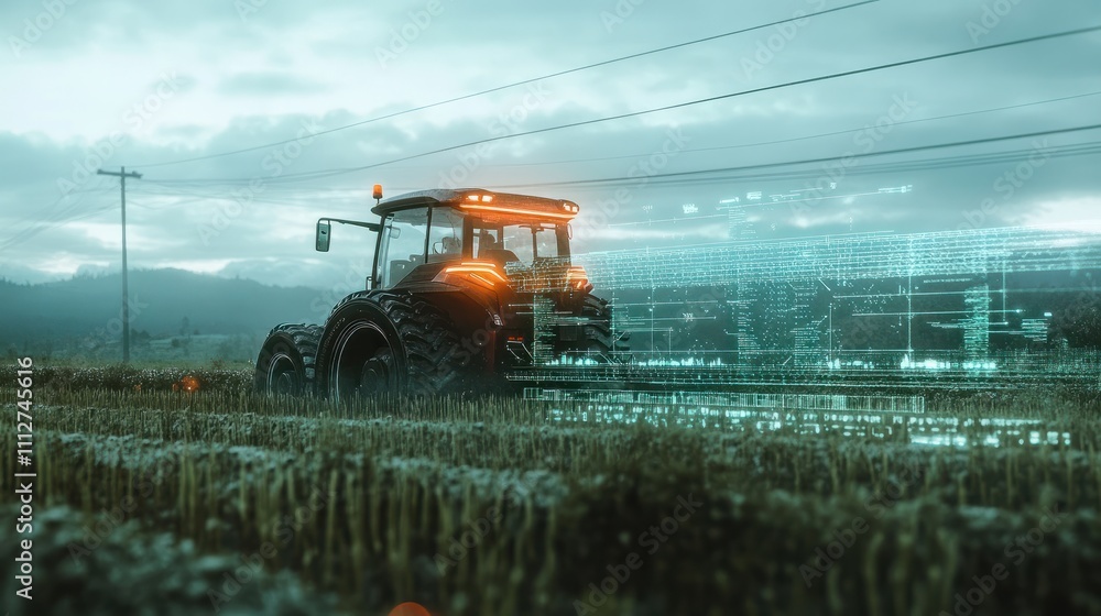 Futuristic smart farming concept with a tractor in a field overlaid with digital graphics and glowing lines Futuristic smart farming concept with a tractor in a field overlaid with digital graphics and glowing lines
