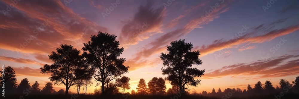 Dramatic sunrise over a vast expanse of blue and orange hue sky with silhouetted trees, silhouetted trees, Dramatic sunrise over a vast expanse of blue and orange hue sky with silhouetted trees, silhouetted trees,
