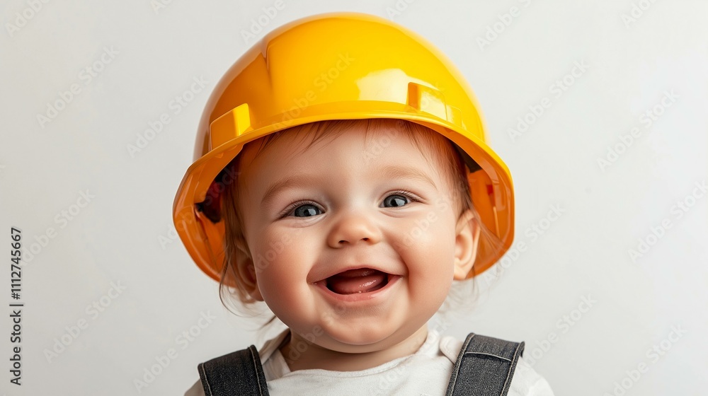 Adorable baby wearing a construction helmet, showcasing curiosity and joy with a bright smile. Adorable baby wearing a construction helmet, showcasing curiosity and joy with a bright smile.