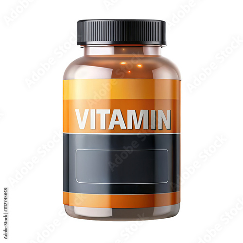 Supplement bottle with Vitamin label on transparent background.