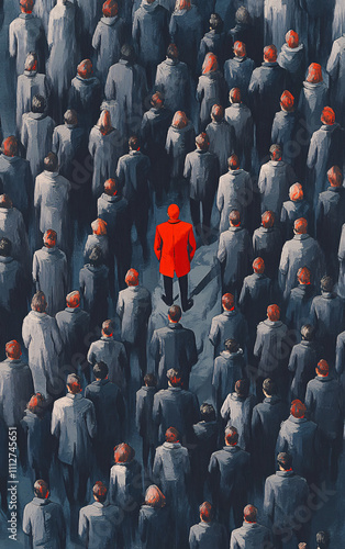 Artistic Depiction of a Crowd in Muted Tones Featuring a Single Individual in Vivid Red, Highlighting Themes of Individuality and Social Identity photo