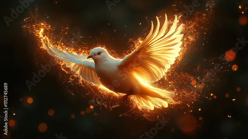 Flames surround a white bird as it takes flight, capturing a moment of ethereal beauty in a magical, glowing atmosphere. Generative AI photo