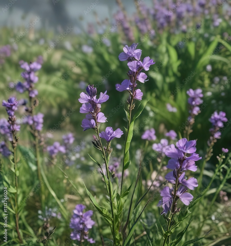 Fototapeta premium Flax stalks swaying in the wind with delicate green leaves and purple flowers, natural scene, flax