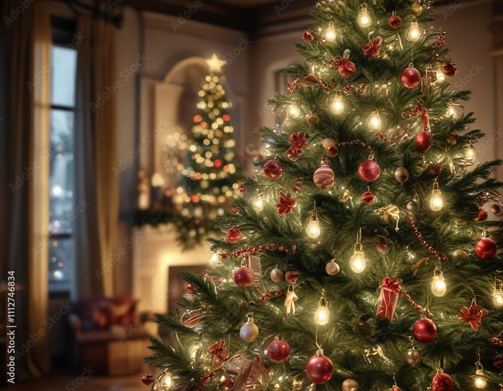 Glittering lights and decorations adorning a Christmas tree, ornaments, decorative accents Glittering lights and decorations adorning a Christmas tree, ornaments, decorative accents