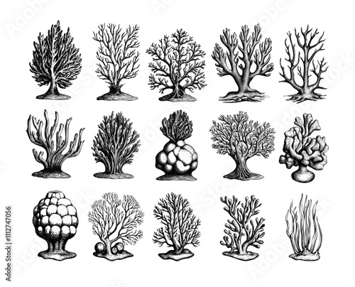 Engraving corals seaweed. Ocean tropical sea plants, underwater rocks and stone reef polyps animals, marine algae fauna flora, hand drawn isolated vector illustration on white background