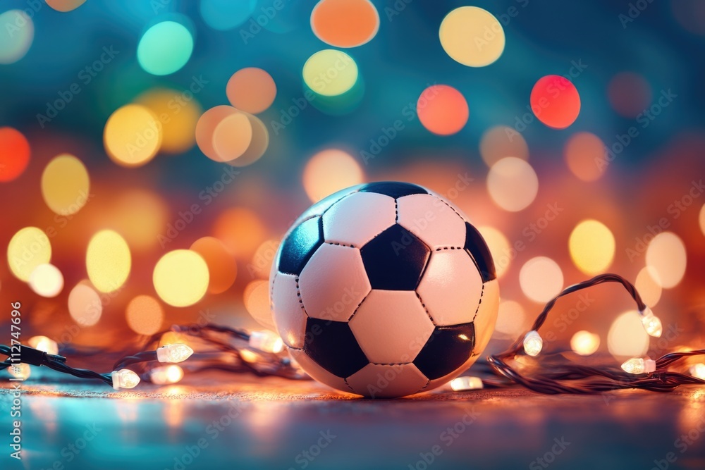 Naklejka premium A classic black and white soccer ball is surrounded by twinkling fairy lights, with colorful bokeh creating a dynamic and exciting atmosphere suggesting energy and play.