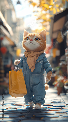 Whimsical Illustration of Anthropomorphic Cats in Stylish Clothes Walking Through a Vibrant Urban Street, Highlighting Playful and Creative Storytelling photo