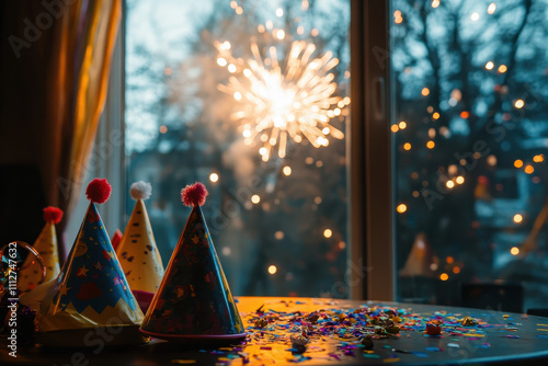 Ein Tisch voller Partyhüte, Konfetti und Luftschlangen, während im Hintergrund bunte Feuerwerke den Nachthimmel erleuchten. Eine lebendige, festliche Atmosphäre für eine Neujahrsfeier