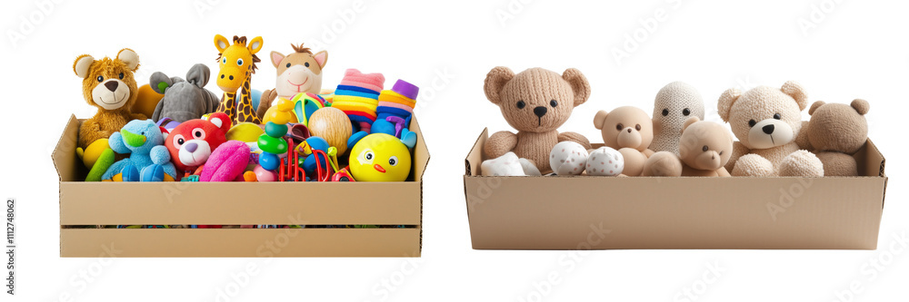 Fototapeta premium Set of cardboard box full of toys , isolated on transparent background.