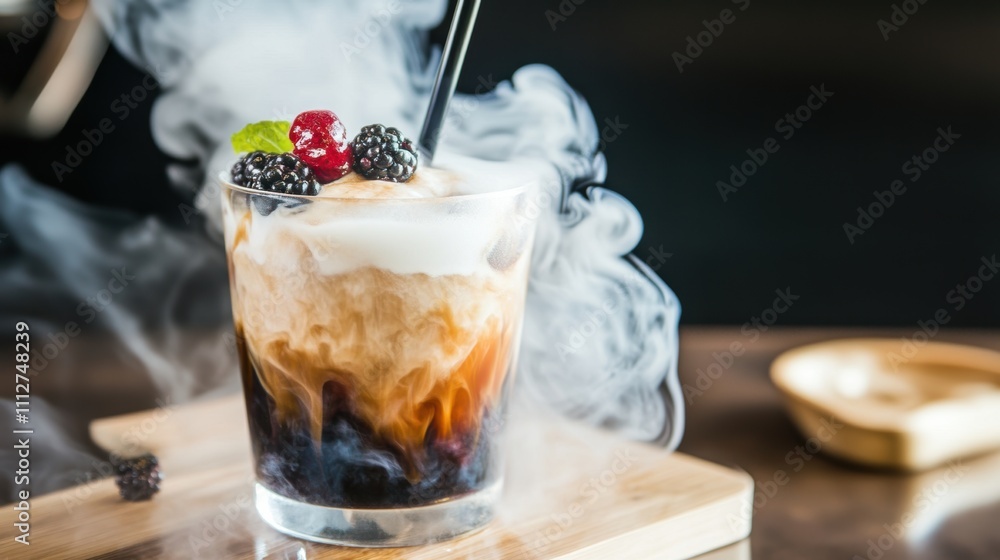 A refreshing iced coffee drink served with smoke, infused with berry and citrus flavors. The smoky vapor rises above the drink, creating a visually stunning effect. Garnished with fresh berries A refreshing iced coffee drink served with smoke, infused with berry and citrus flavors. The smoky vapor rises above the drink, creating a visually stunning effect. Garnished with fresh berries