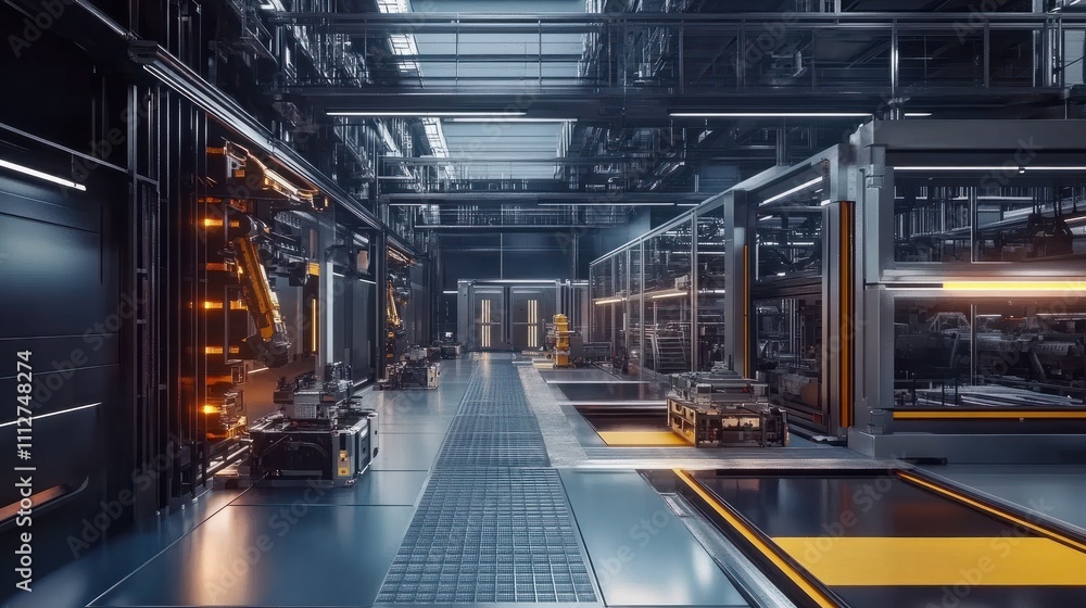 Modern hi-tech facility with automated line and AI-controlled robotic hands for hi-precision assembling of complex mechanisms. Industrial automation and conveyor systems in smart factory. Modern hi-tech facility with automated line and AI-controlled robotic hands for hi-precision assembling of complex mechanisms. Industrial automation and conveyor systems in smart factory.