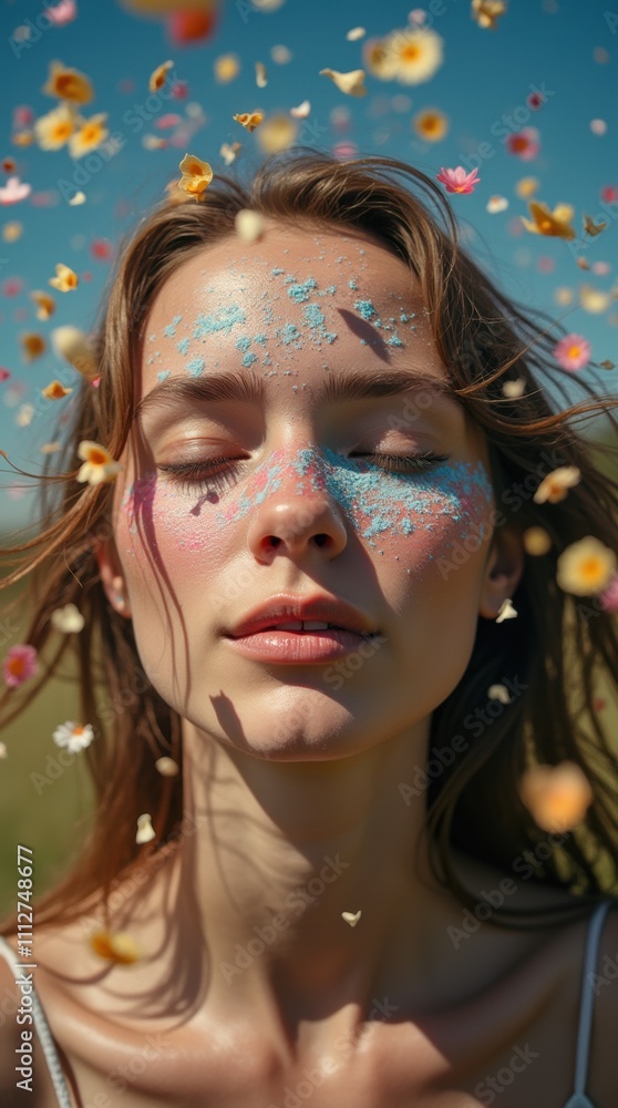 Serene Woman with Flower Petals and Pastel Makeup in Nature Serene Woman with Flower Petals and Pastel Makeup in Nature
