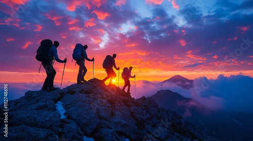 Group of hikers ascending a mountain peak during a colorful sunset in a stunning natural landscape. Generative AI