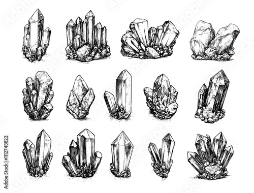 Engraving crystals. Rock minerals manganese quartz fragments, cobblestones glass gemstone stalagmites stalactites, hand drawn monochrome sketch isolated on white background