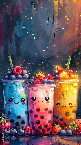 Colorful Bubble Tea Illustration: Cute Kawaii Design with Fruity Flavors