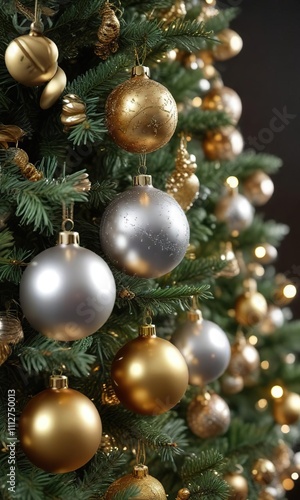 Sparkly silver and gold ornaments on a Christmas tree, sparkling decor, glittery balls, silver ornaments