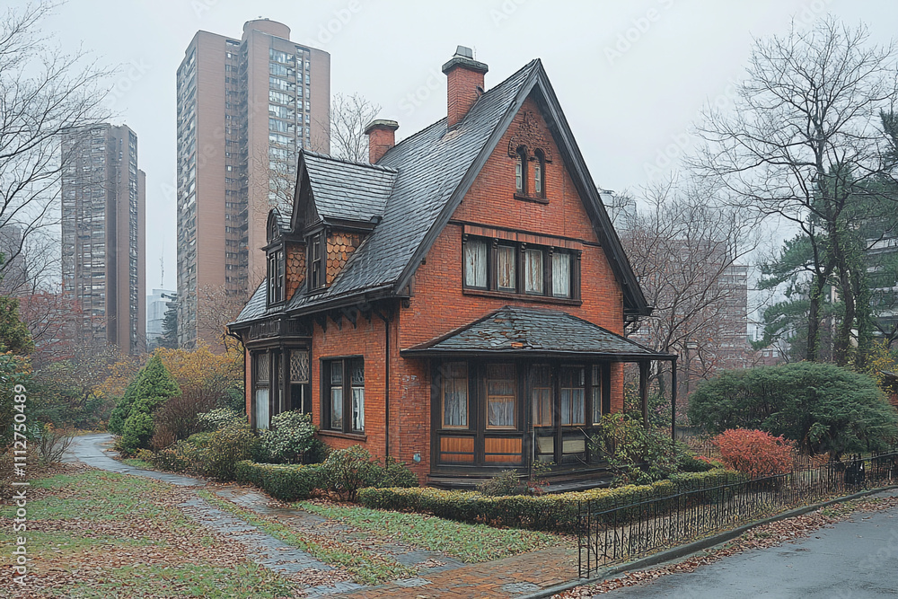 Brick House Stands Amongst Modern Buildings on an Overcast Day Brick House Stands Amongst Modern Buildings on an Overcast Day
