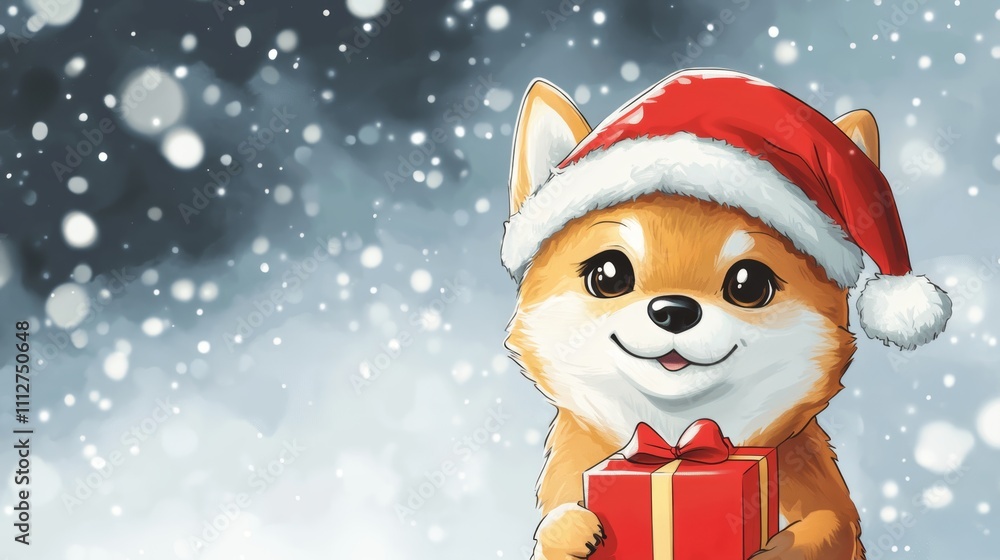 cartoon Siba inu in a Santa hat holding a gift cartoon Siba inu in a Santa hat holding a gift
