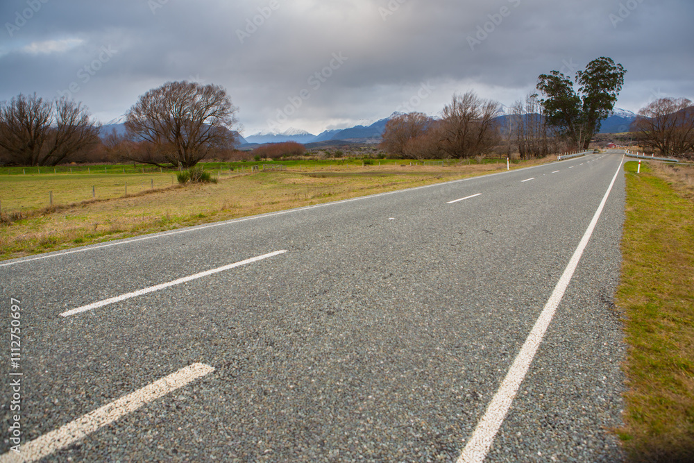 Fototapeta premium new zealand, winter, red house, scenery, landscape, south island, Te Waipounamu, background, tourism, roads, snow, mountains,