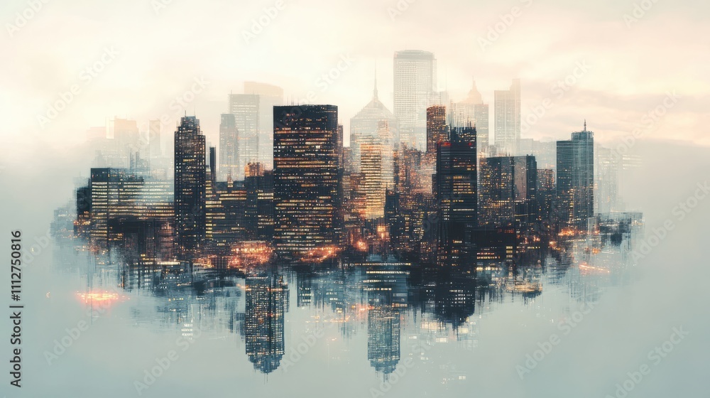 Fototapeta premium Technology Internet of things wireless communication iot concept networking. Modern city skyline double exposure mixed media.