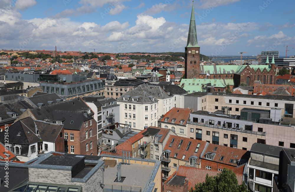 Fototapeta premium aerial view of the scandinavian european city with steep roofs and bell towers,,,