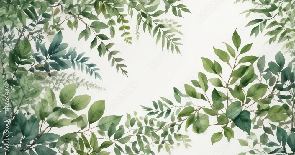 Watercolor painted botanical design with green leaves and branches ...