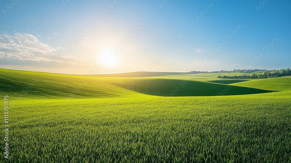 Obraz premium Rolling Green Hills Under a Blue Sky and Bright Sun