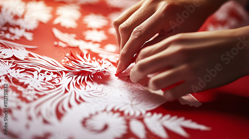 Intricate Handcrafted Paper-Cutting Artwork Featuring Traditional Patterns on Red Paper, Highlighting Cultural Heritage and Artistic Precision photo