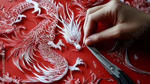 Intricate Handcrafted Paper-Cutting Artwork Featuring Traditional Patterns on Red Paper, Highlighting Cultural Heritage and Artistic Precision photo