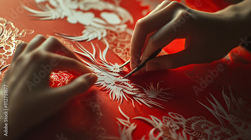 Intricate Handcrafted Paper-Cutting Artwork Featuring Traditional Patterns on Red Paper, Highlighting Cultural Heritage and Artistic Precision photo