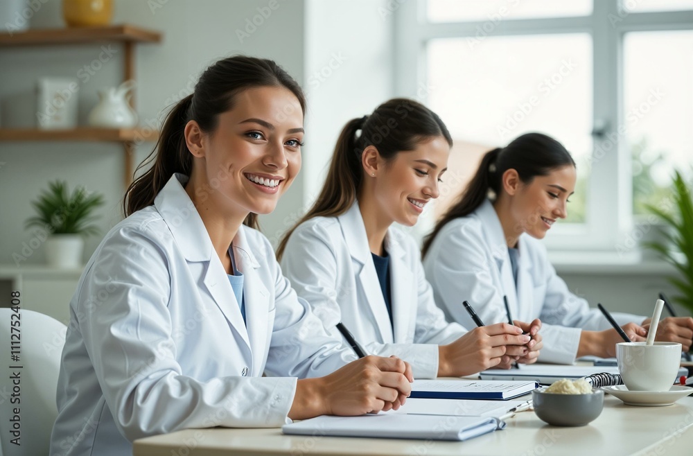 A diverse group of female doctors is sitting together at a large table in a bright classroom, discussing important topics while surrounded by various plants and learning materials A diverse group of female doctors is sitting together at a large table in a bright classroom, discussing important topics while surrounded by various plants and learning materials