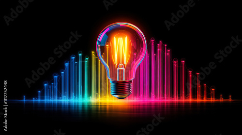 Colorful light bulb with vibrant sound wave pattern reflecting energy and creativity in a dark background. Generative AI