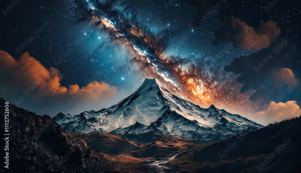 Naklejka premium Landscape Captivating the Star is colorful at Night Landscape, Exploring the Majestic Beauty of Mountains and the Milky Way Galaxy Nature Background