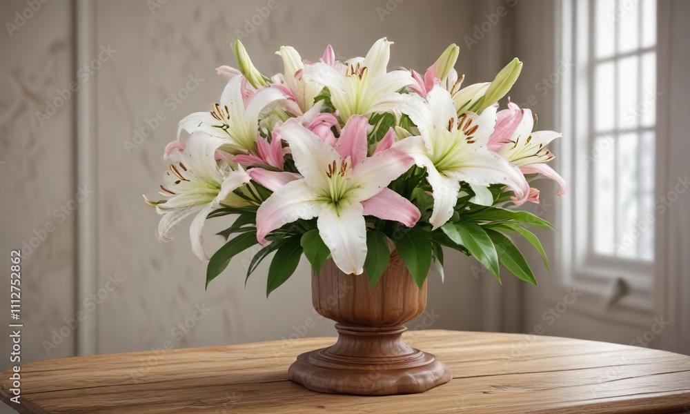 A bouquet of white and pink lilies on a wooden pedestal, classic, lilies, pedestal A bouquet of white and pink lilies on a wooden pedestal, classic, lilies, pedestal