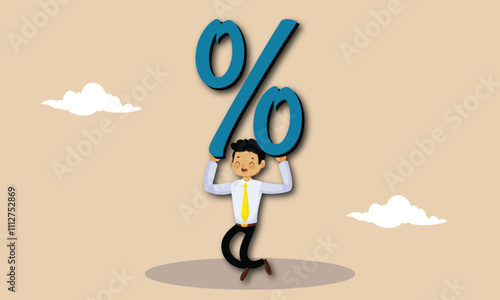 Percentage or interest rate, debt burden, fees to pay off, saving or compound interest earning, financial profit, discount price reduction, promotion concept, businessman carry heavy percentage sign