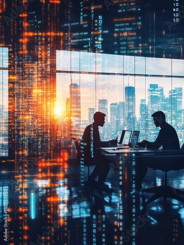 Backlit businesspeople working tohether in abstract blurry office interior with business charts and binary code. System engineering and digital transformation concept. Double exposure photo