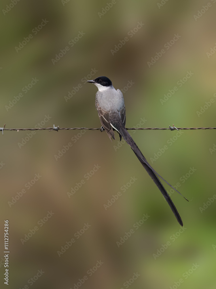 Fork-tailed Flycatcher on fence wire against green background Fork-tailed Flycatcher on fence wire against green background