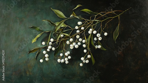 A beautifully detailed 1910s-style oil painting of a bunch of mistletoe with pure white berries, set against a dark green background. The artwork captures the elegance and timeless beauty of this bota