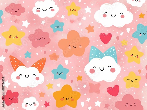 A cheerful pattern featuring smiling clouds, stars, and hearts on a pink background.